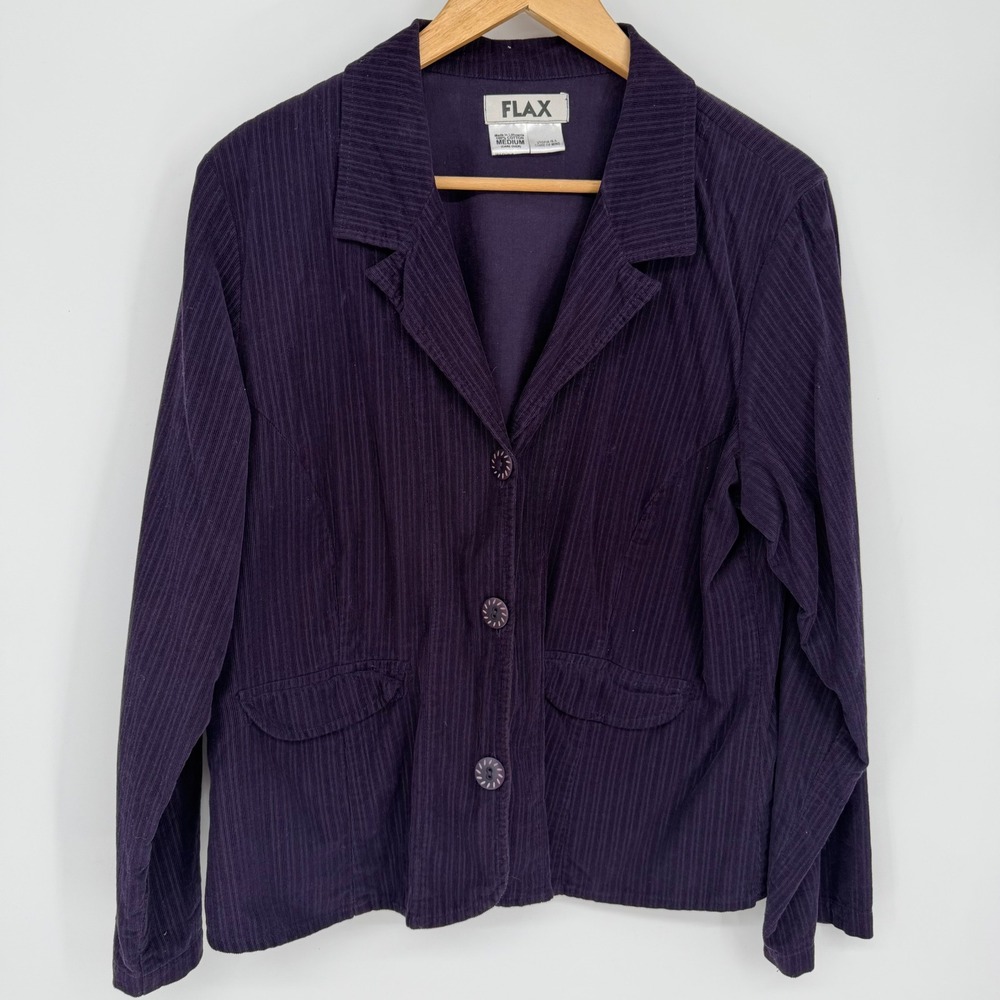 Flax Blazer Purple Corduroy Pinstripe Button Front Jacket Medium Lagenlook